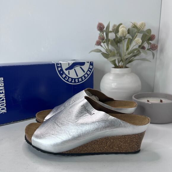 Papillio Birkenstock Debby Slip On Wedge Silver Metallic Women 7/EU38 Tried On - Picture 2 of 12